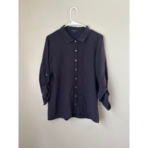 Eileen Fisher Petite Silk Roll Tab Sleeve Button Down Shirt Top Plum PM Classic